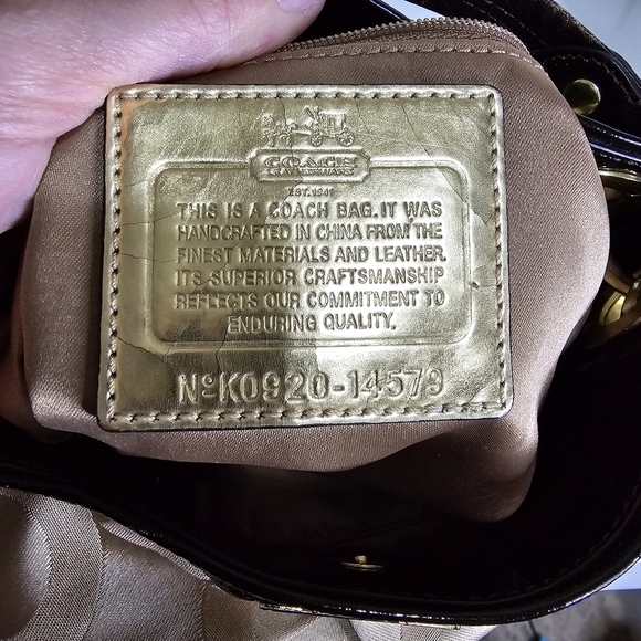 COACH Brown Tan Printed Canvas Patent Leather Top Handle Shoulder Tote Bag - Picture 13 of 16